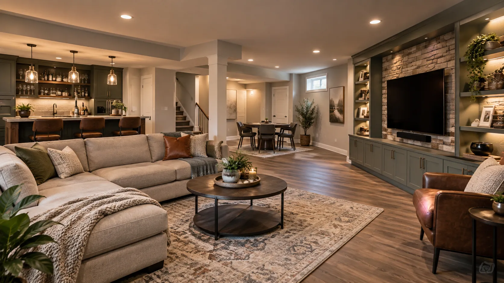 Finished basement with a wet bar, sectional seating, and a stone-accented media wall