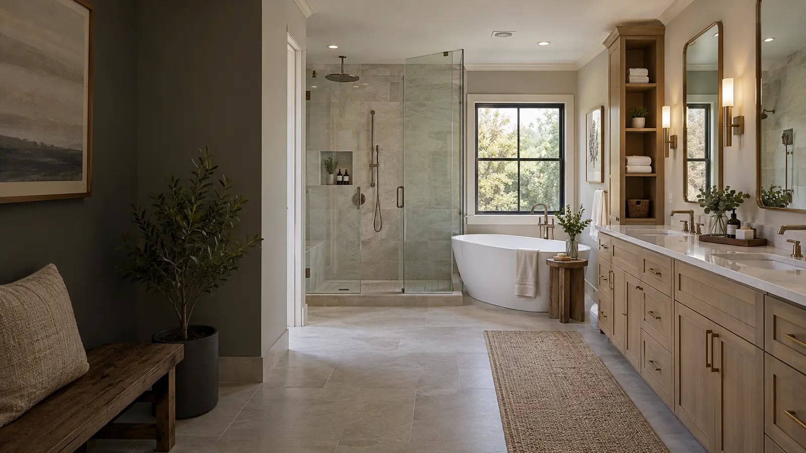 Remodeled bathroom with glass walk-in shower, freestanding tub, and double vanity
