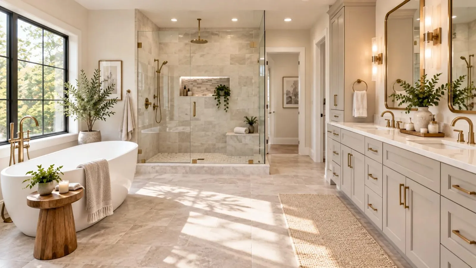 Remodeled bathroom with a glass-enclosed shower, freestanding tub, and double vanity