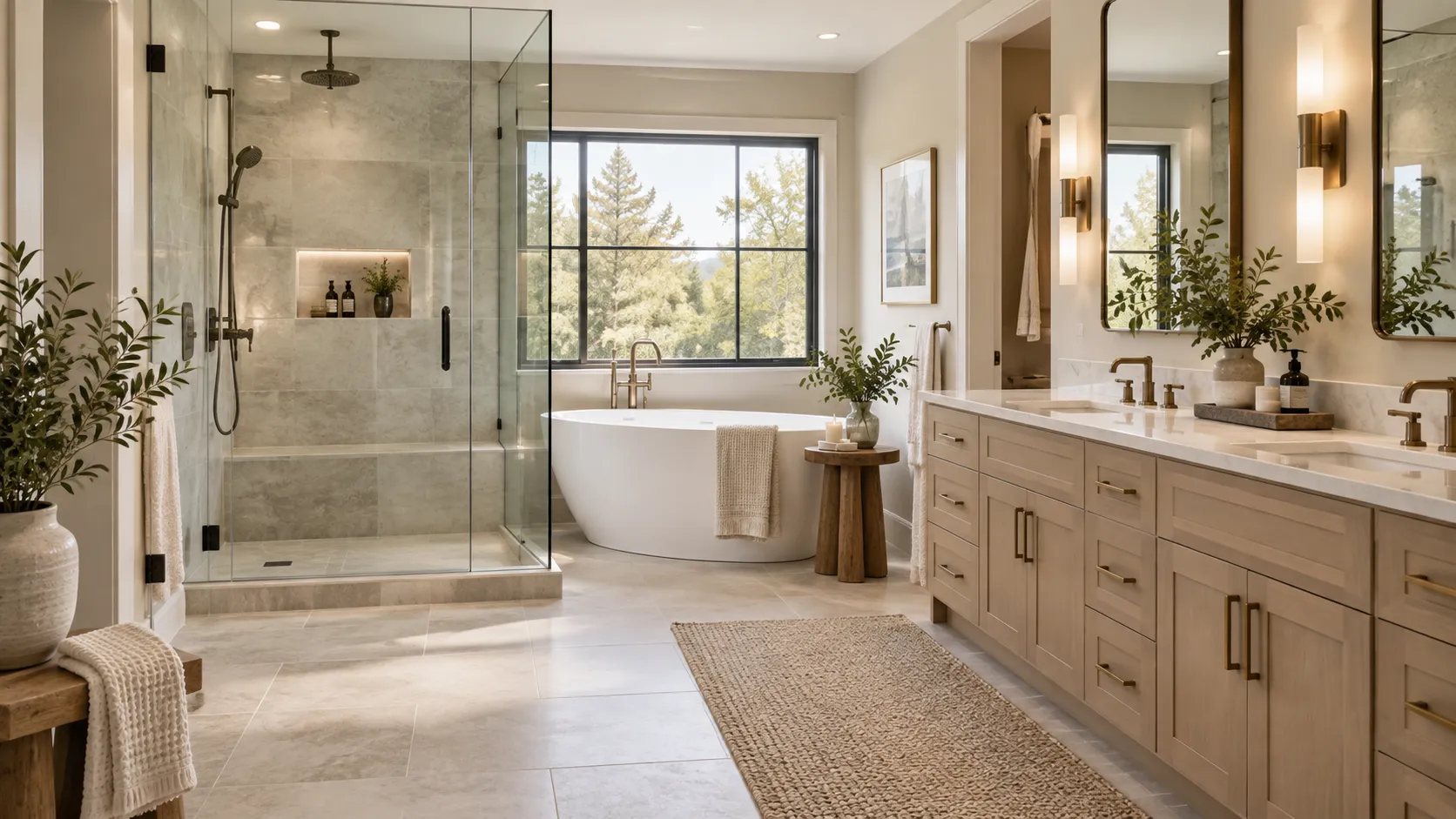 Remodeled primary bathroom with glass-enclosed shower, freestanding soaking tub, and double vanity with brass fixtures