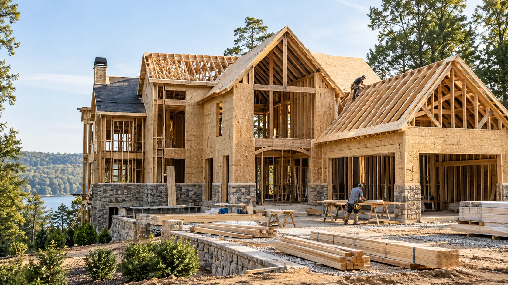 Two-story home addition under construction with exposed framing and roof structure