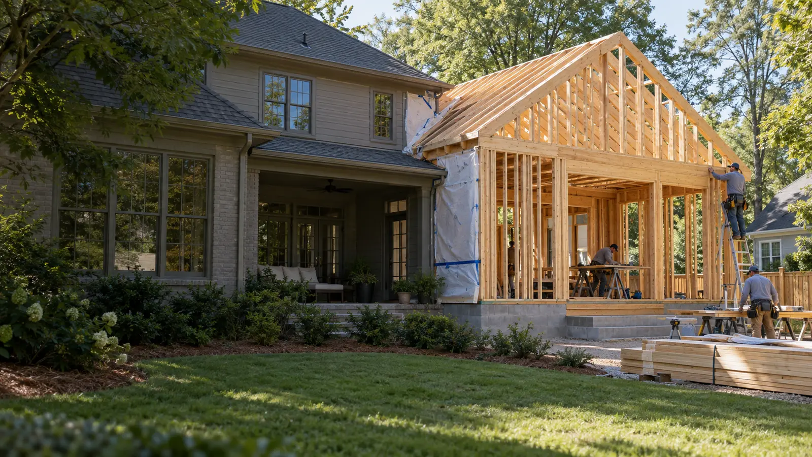 Home addition under construction, framed and tied into the existing house’s roofline