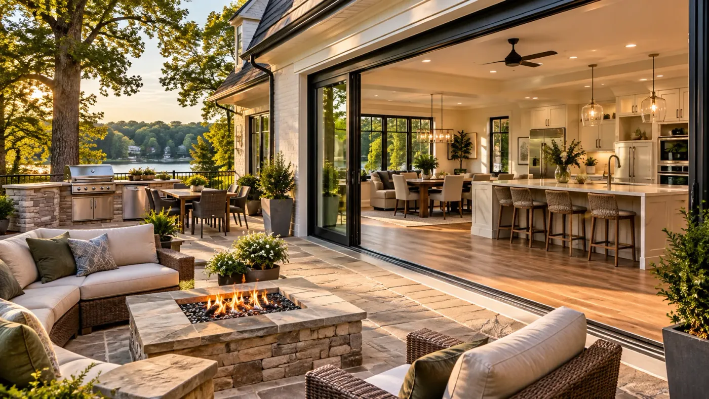 Built-in outdoor grill station beside a fire pit lounge area, opening directly onto the indoor kitchen and dining space