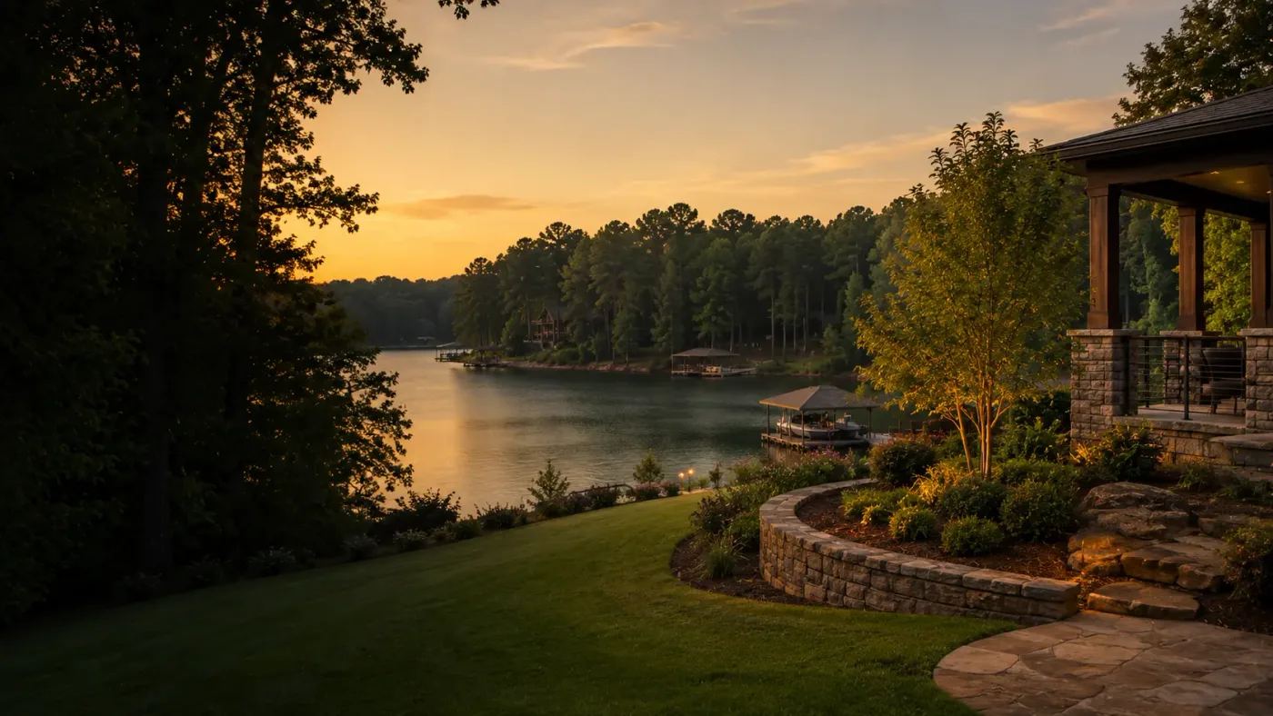 Sunset view of Lake Allatoona from a home's backyard patio and landscaped retaining wall in Acworth, GA