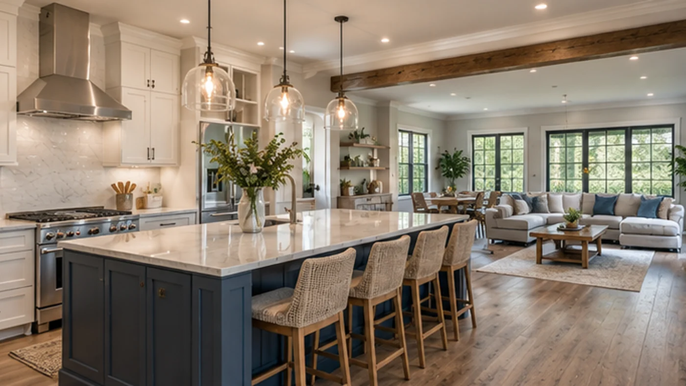 Open-concept kitchen and living area with a navy island and connected dining and seating space