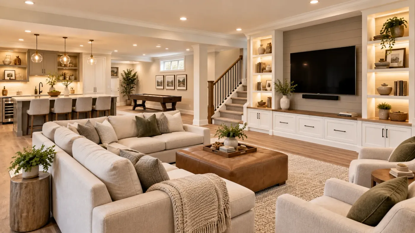 Finished basement family room with a wet bar, built-in shelving, and a staircase to the main level