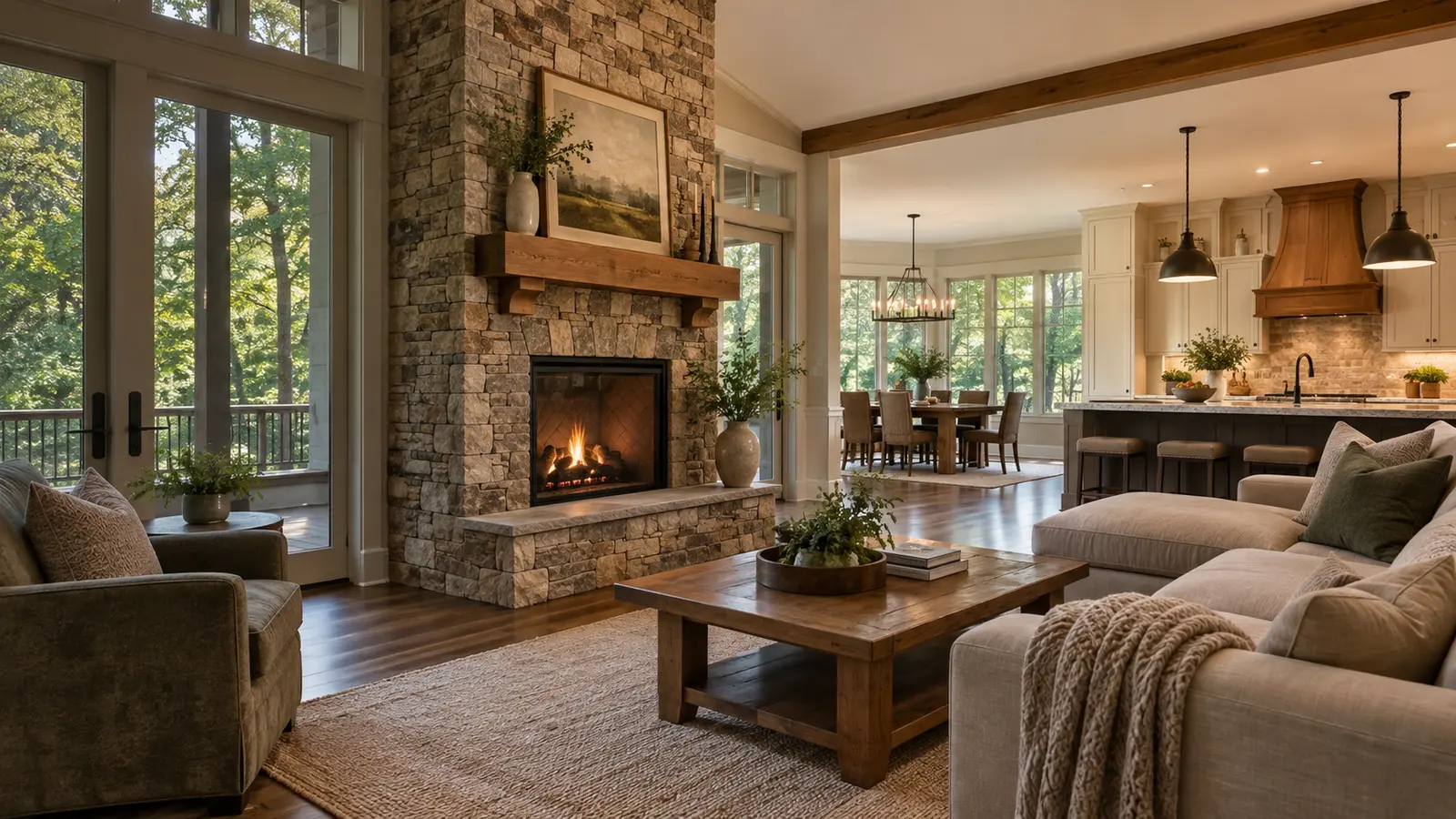 Remodeled living room with a stone fireplace, open to the dining area and kitchen