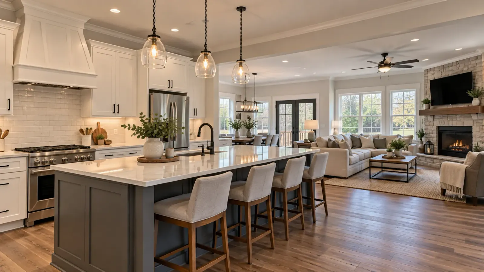 Open kitchen with white cabinets and a gray island with seating, flowing into a living room with a stone fireplace
