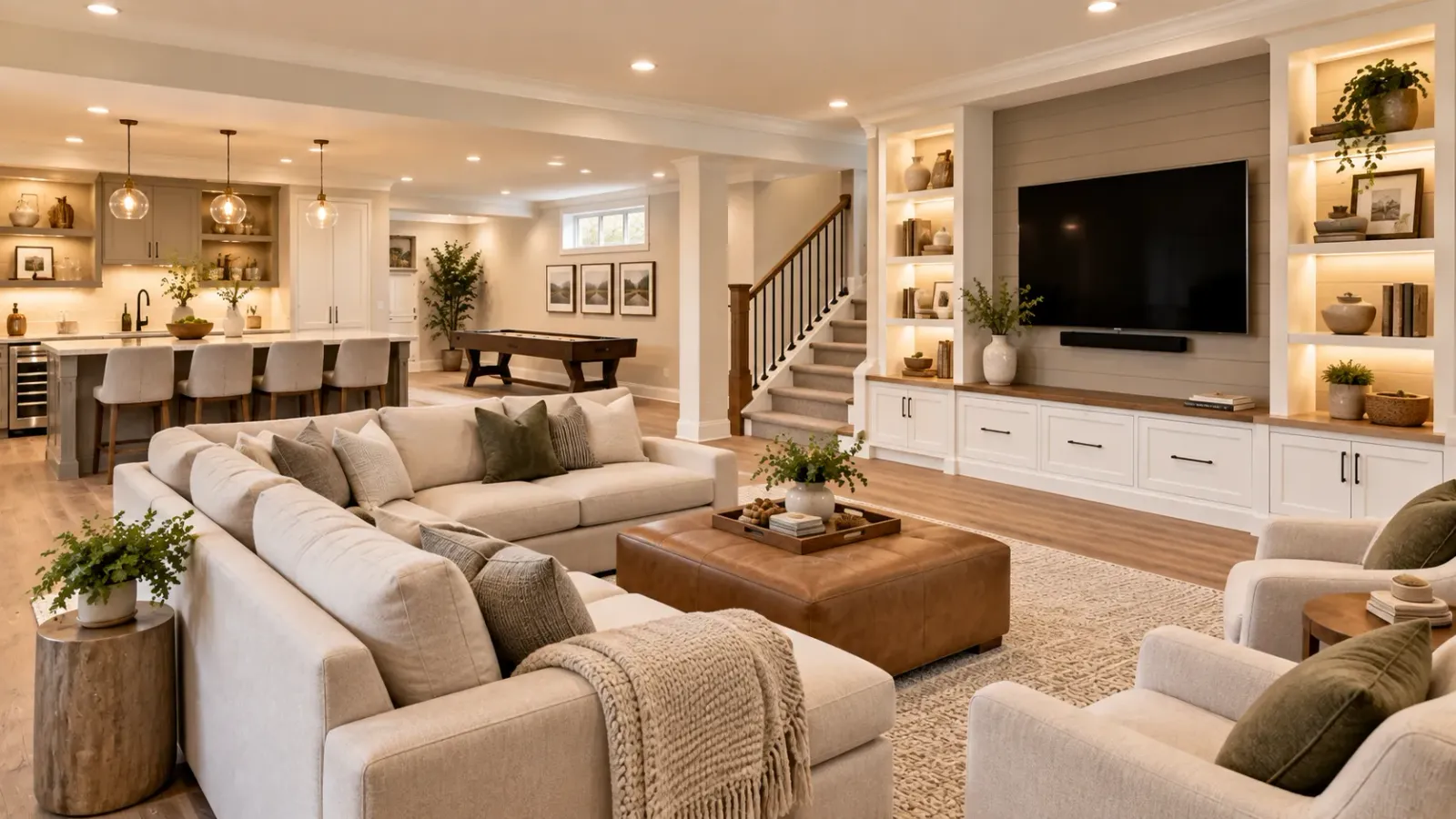 Remodeled living room with built-in shelving, a sectional sofa, and an open kitchen beyond