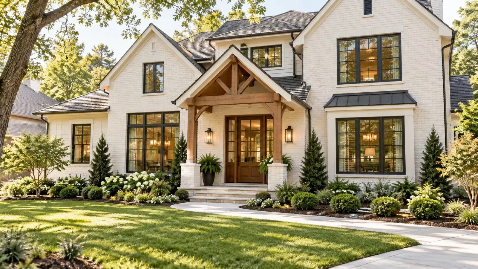 Two-story home exterior with a covered entry addition, brick facade, and mature landscaping