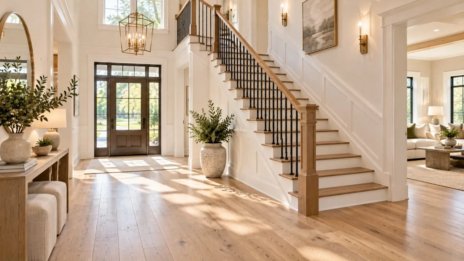 Two-story entry foyer with a staircase opening into a connected living room