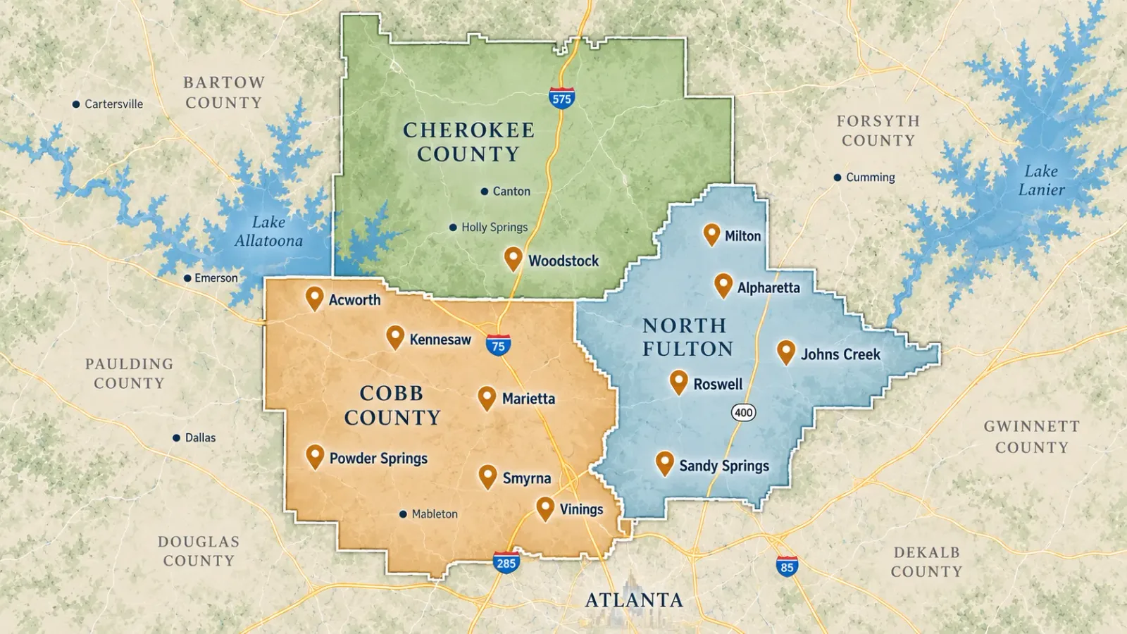 Map of the service area across Cobb, Cherokee, and North Fulton counties, marking Acworth, Kennesaw, Marietta, Powder Springs, Smyrna, Vinings, Woodstock, Milton, Alpharetta, Johns Creek, Roswell, and Sandy Springs