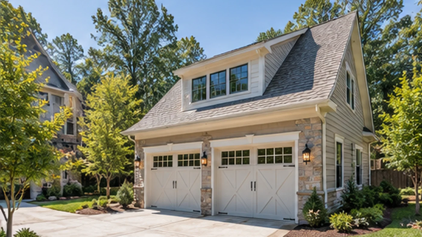 Detached garage with siding and roof details matching the main house