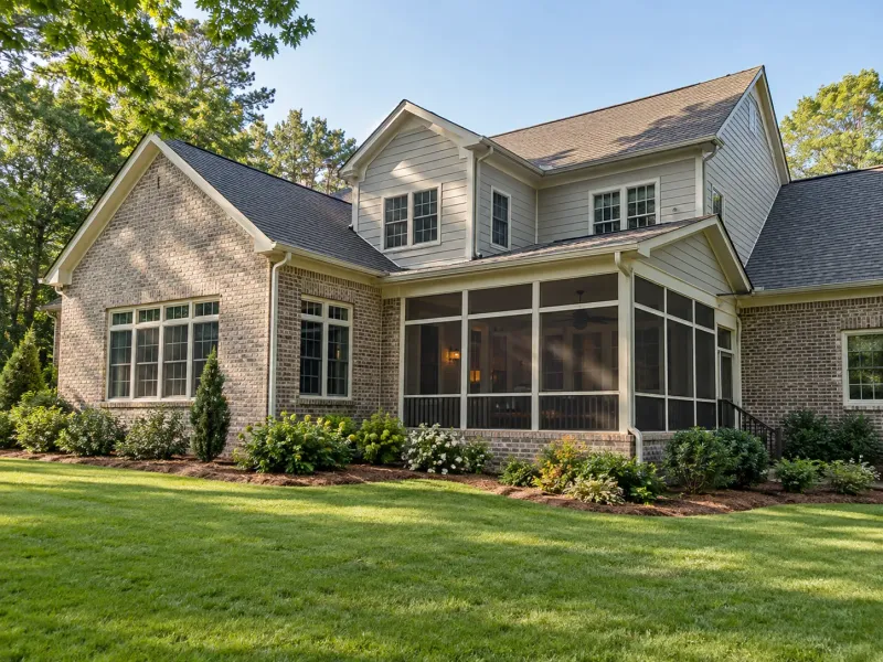 Brick home with a two-story addition and screened porch that match the original roofline and siding