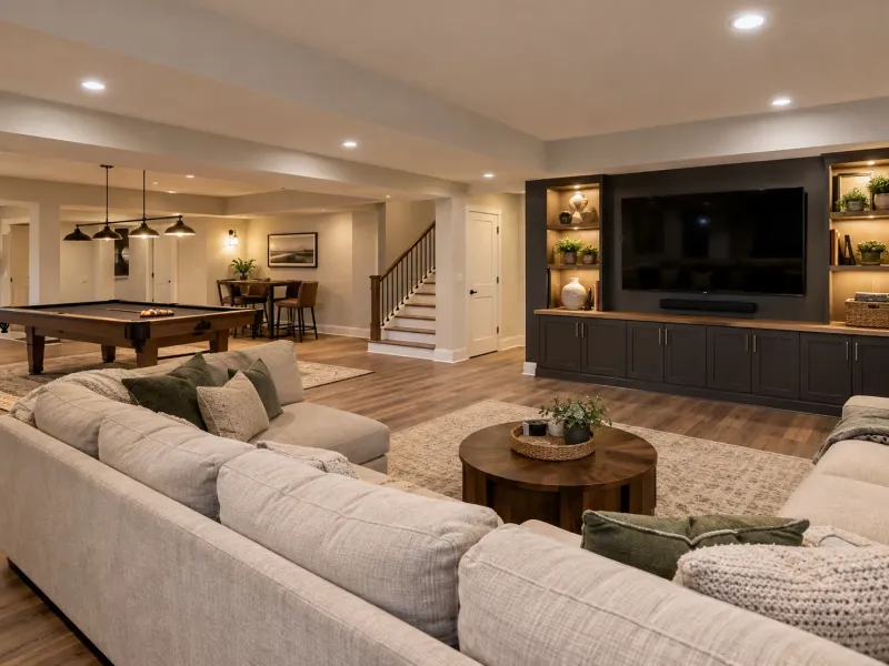 Finished basement with a sectional sofa, built-in media wall, pool table, and stairs to the main level