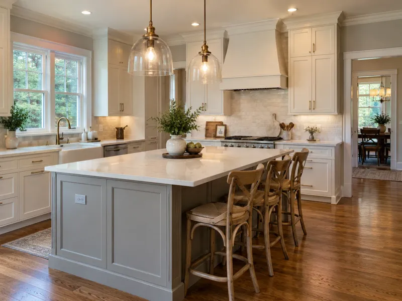 Remodeled kitchen with white shaker cabinets, a gray island with wood counter stools, and glass pendant lights