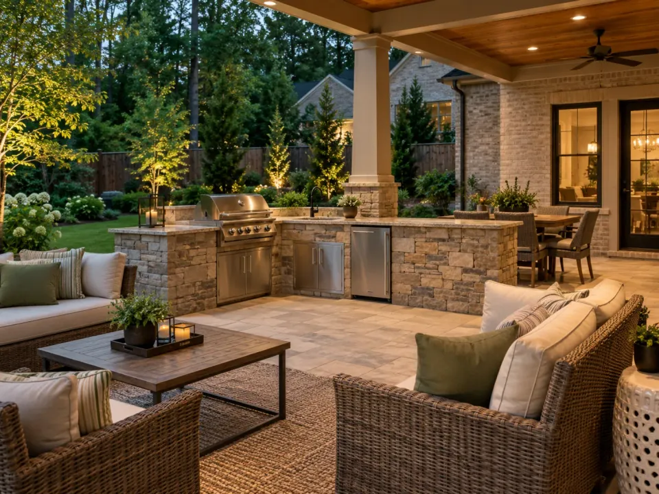 Covered patio with a stone outdoor kitchen, built-in grill, and wicker seating beside a landscaped backyard at dusk