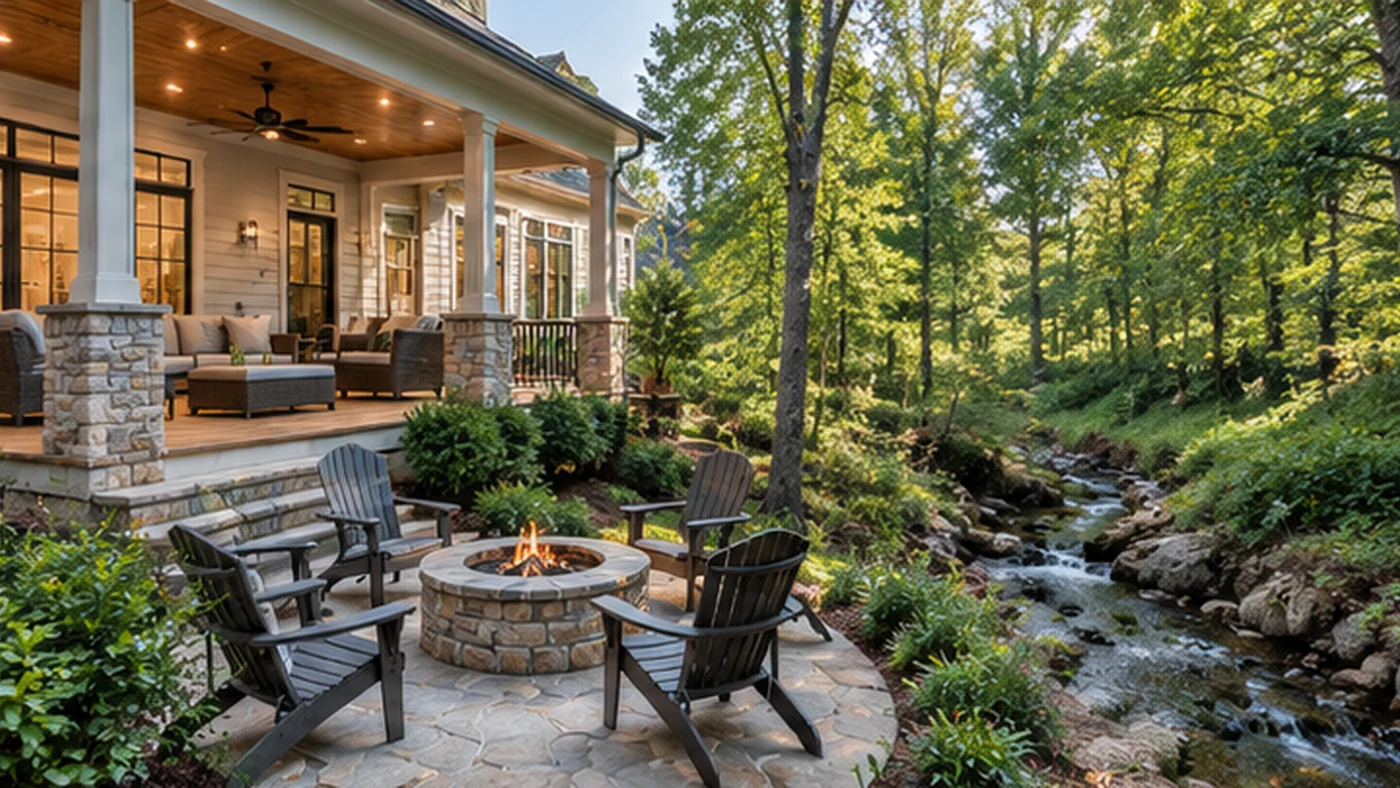 Wooded backyard with a covered patio near a small stream