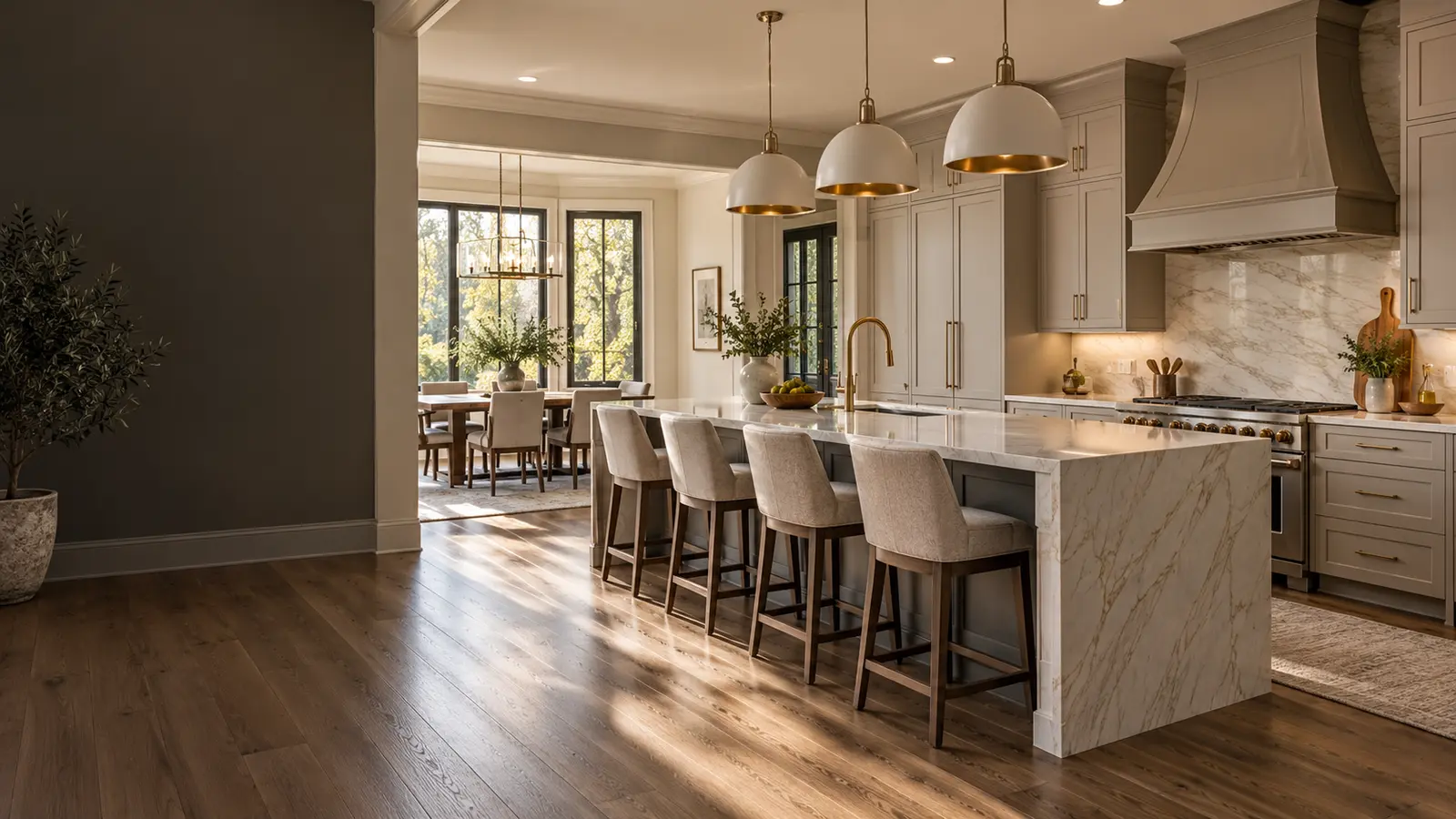 Renovated kitchen with island, pendant lighting, and full-height cabinetry