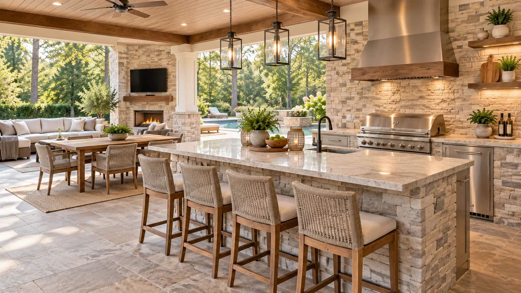 Covered outdoor kitchen with a stone island, built-in grill, and dining and lounge areas beyond