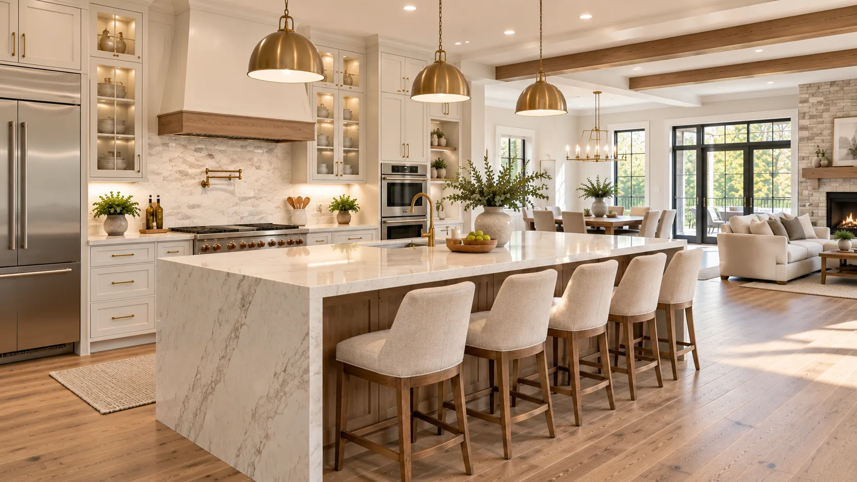 White kitchen with a large marble waterfall island, brass pendant lighting, and glass-front cabinetry opening into a dining and living area