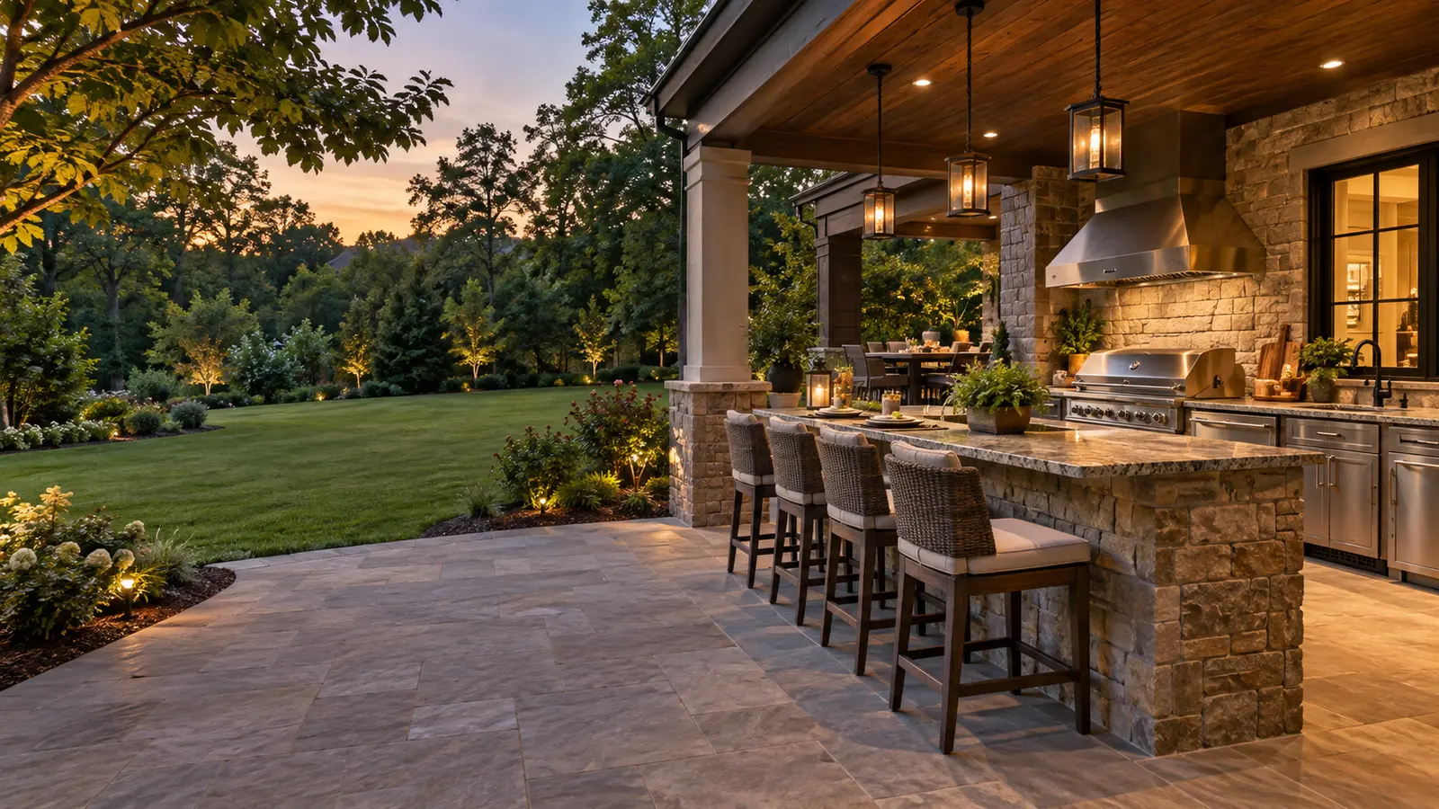 Covered outdoor kitchen with a built-in grill, stone island, and bar seating at dusk