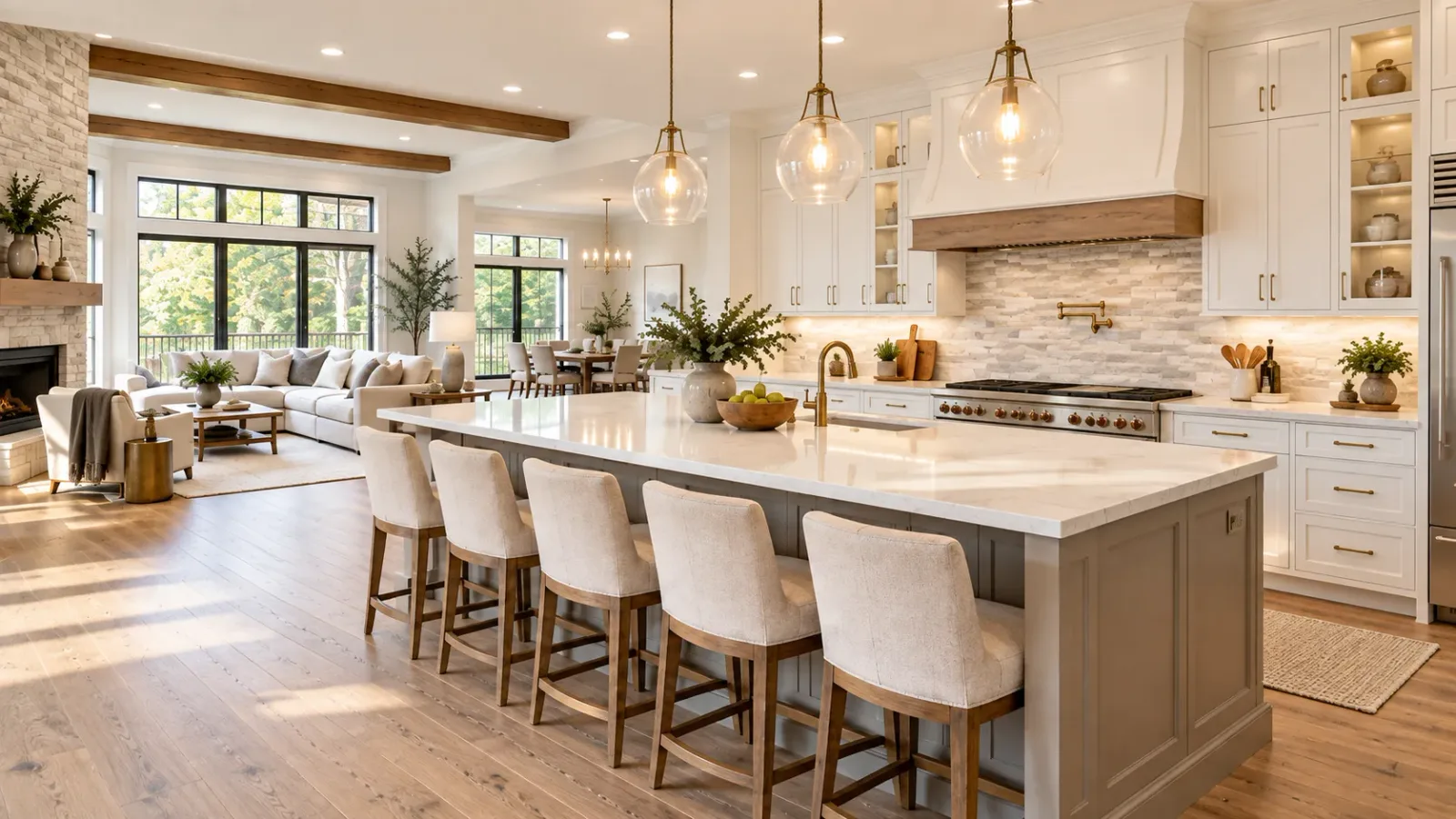 Open-concept kitchen and living space with a large island and connected dining and seating areas